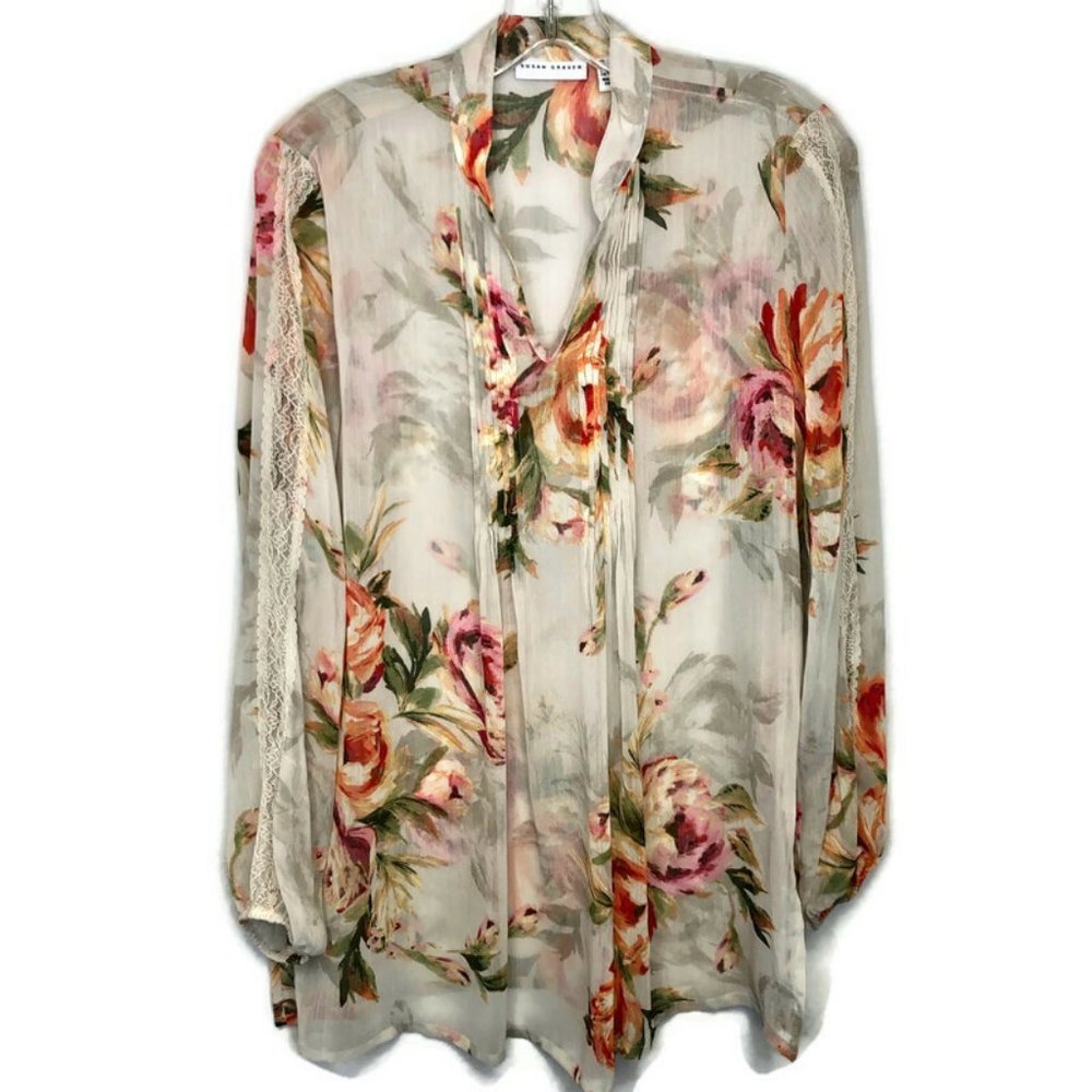 Womens Susan Graver Button Front Shirt Green Flora